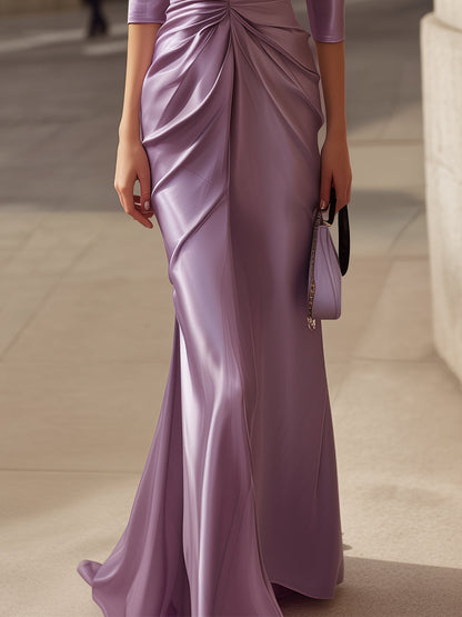 VOS LEE Lavender Ruched Satin Gown With Draped Bodice