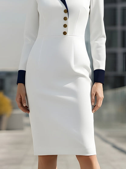 White Contrast-Collar Midi Dress With Gold Buttons