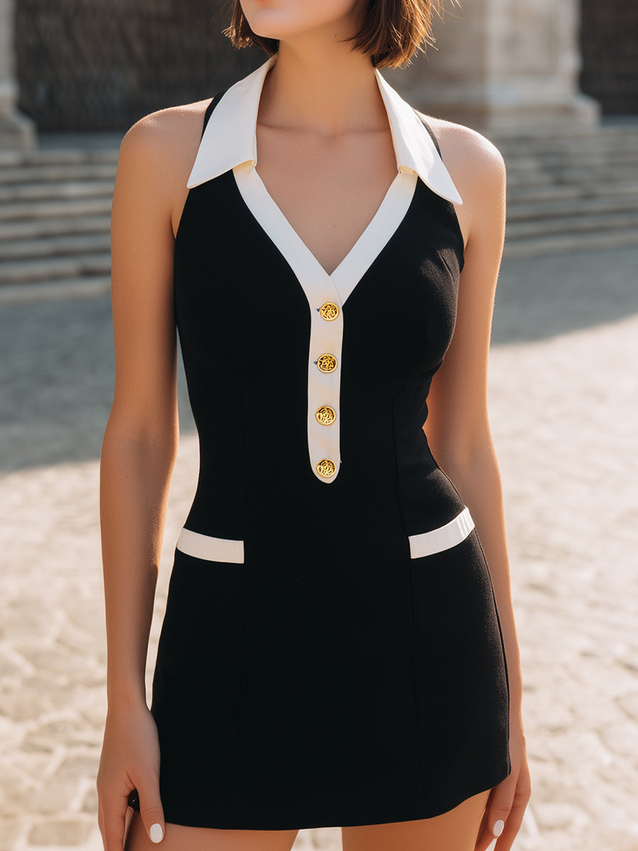 Black Halter Contrast-Collar Mini Dress With Gold-Tone Buttons