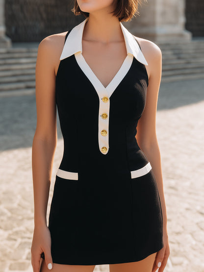 Black Halter Contrast-Collar Mini Dress With Gold-Tone Buttons
