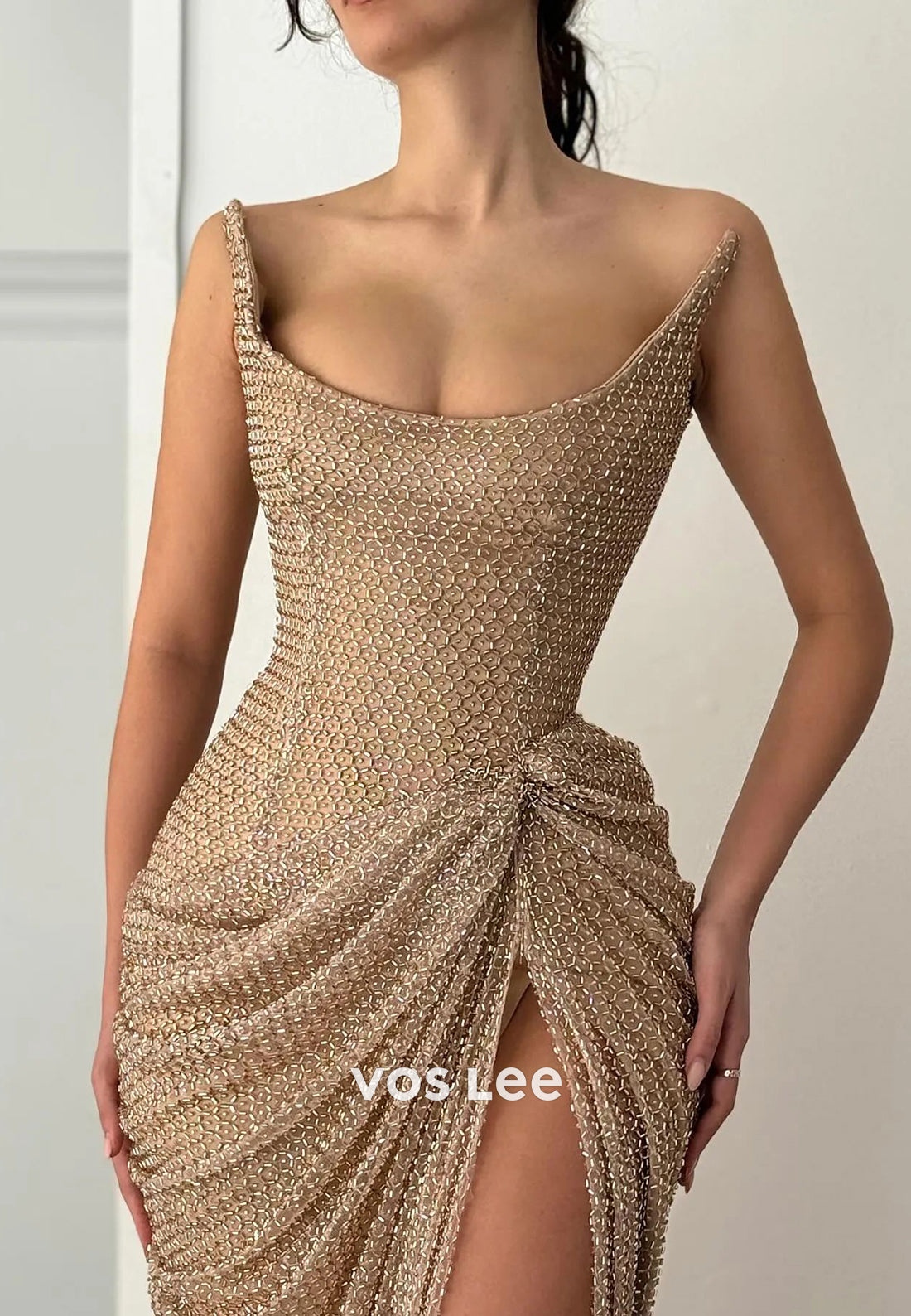 Sparkling Elegant Strapless Scoop Mermaid Prom Dresses with High Split