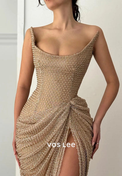 Sparkling Elegant Strapless Scoop Mermaid Prom Dresses with High Split
