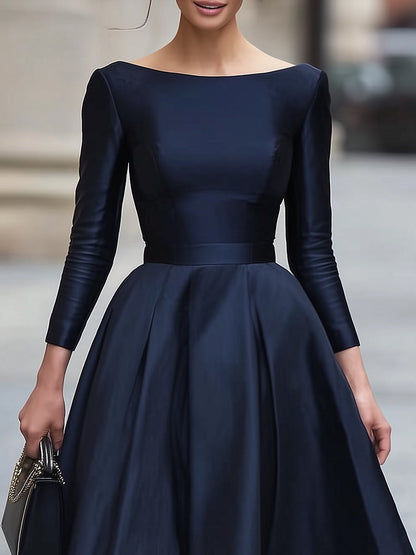 Navy Satin Off-Shoulder Midi Dress, Tailored For Timeless Sophistication