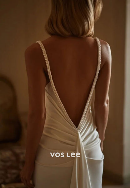 Pearl Strap Cowl Neck Backless Satin Mermaid Wedding Gown