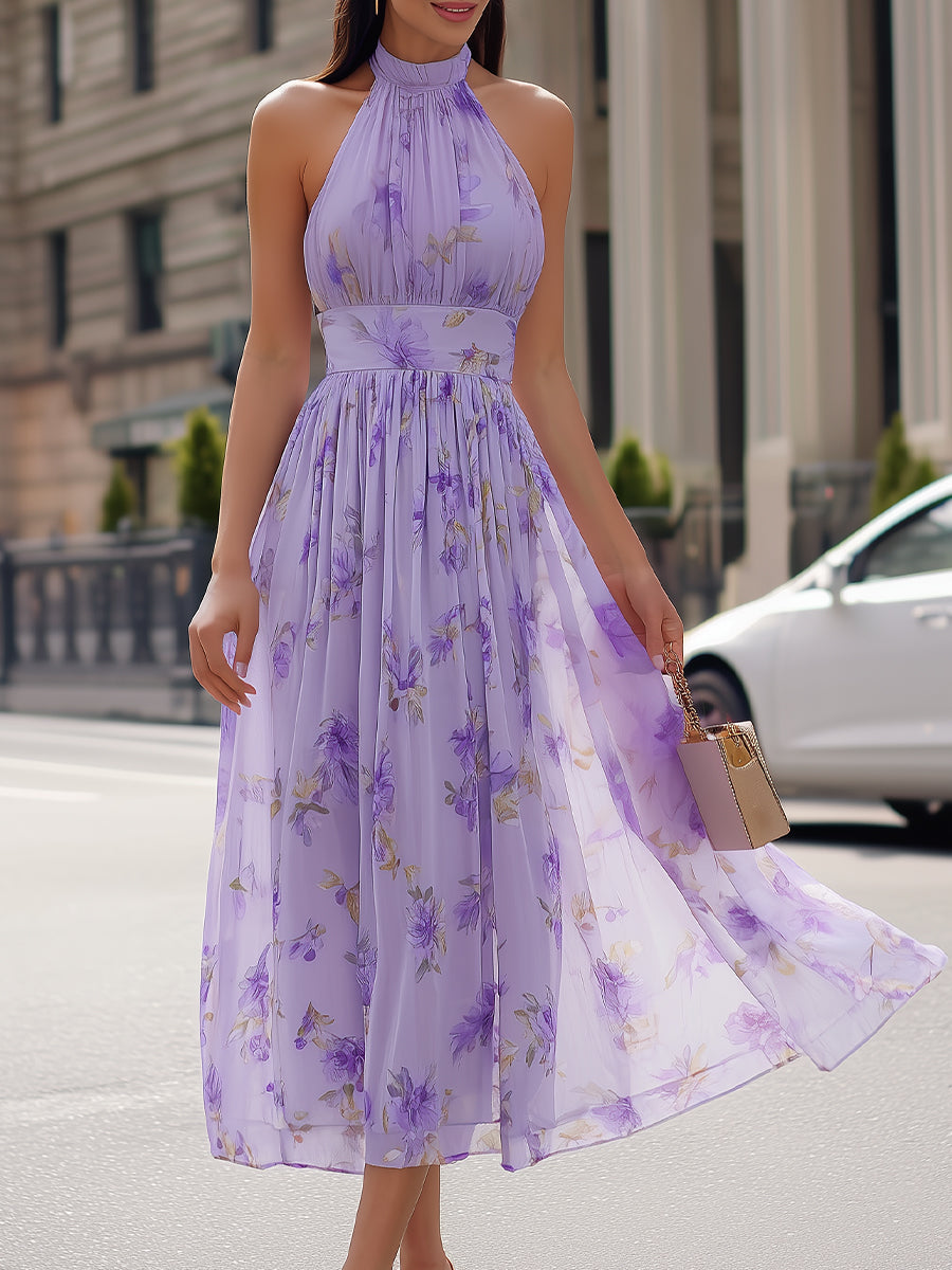 Lavender Floral Halter Neck Chiffon Pleated Midi Dress