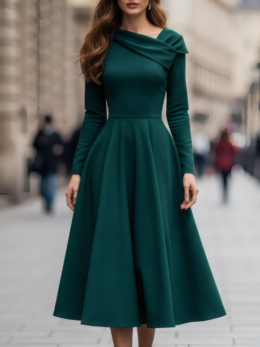 Emerald Draped Neckline Midi Dress