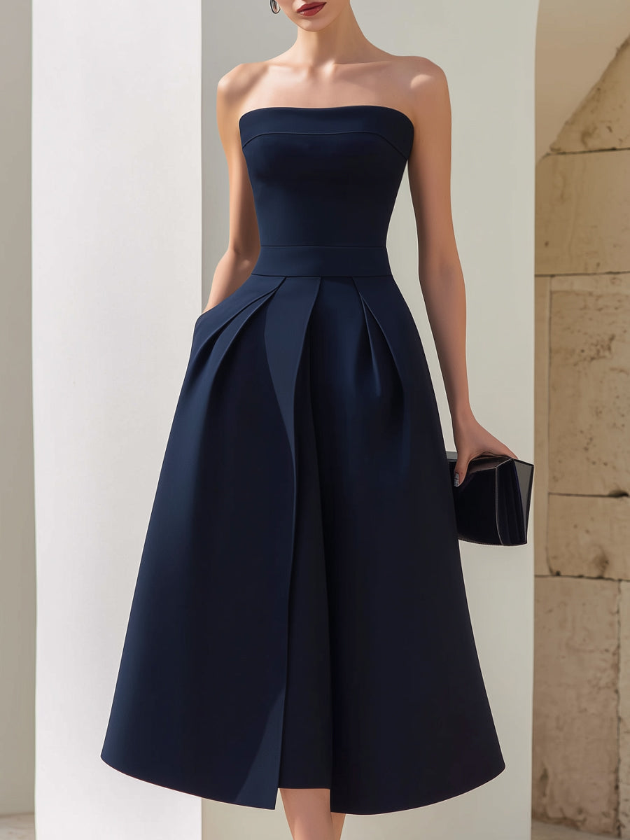 Strapless Structured A-Line Pleated Midi Dress