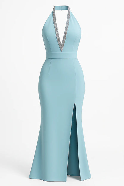 Elegant Silver Rhinestone Detail Halter Neckline Light Blue Split Dress