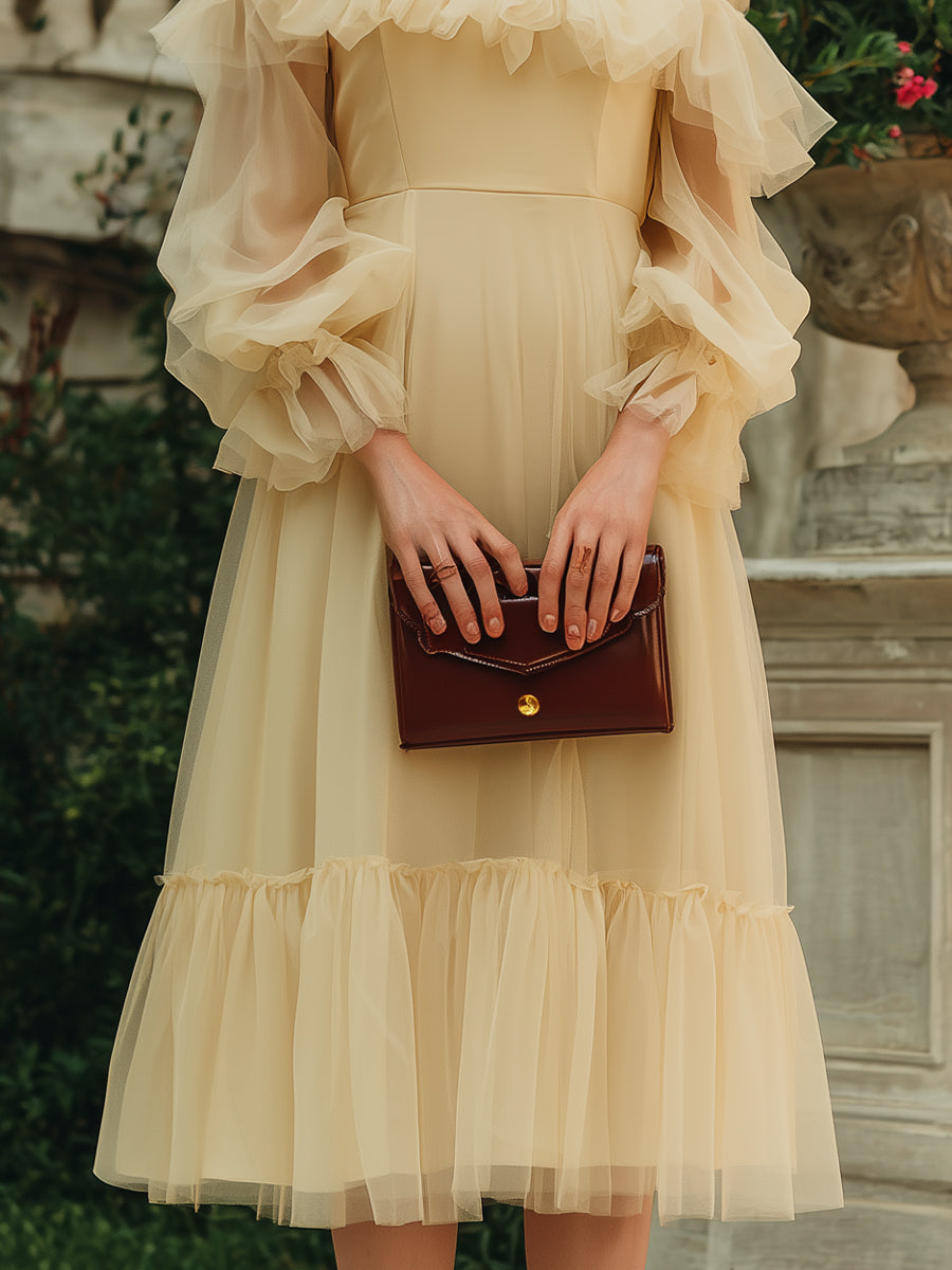 Off-Shoulder Ruffle Tulle Midi Dress