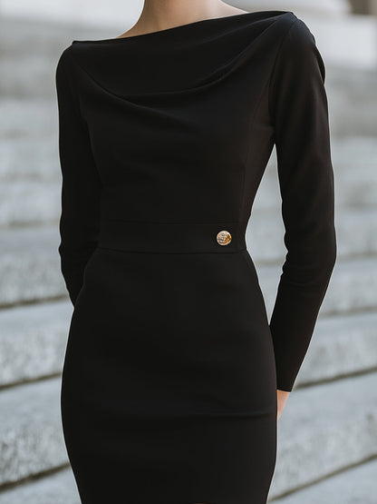 Black Draped Neckline Long Sleeve Mini Dress With Gold Button Accent