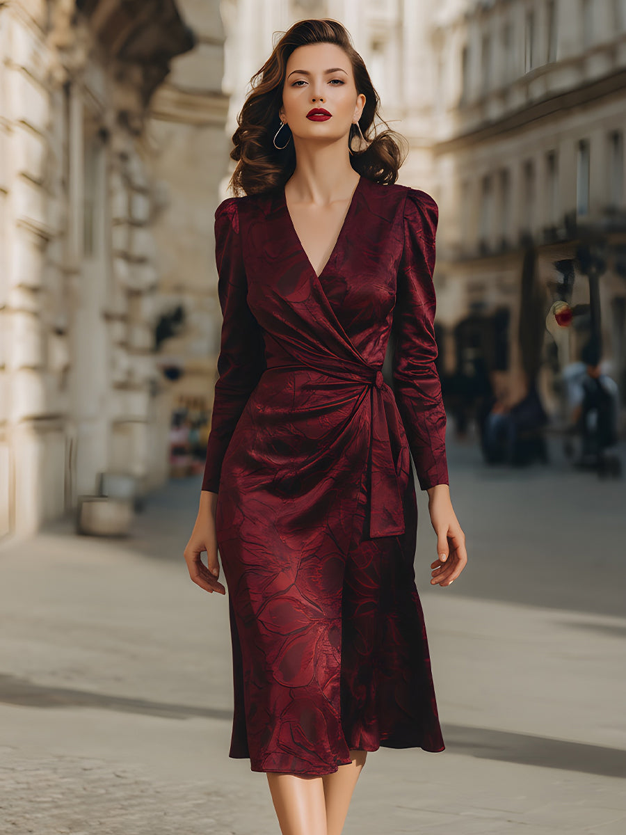 Burgundy Jacquard Wrap Midi Dress