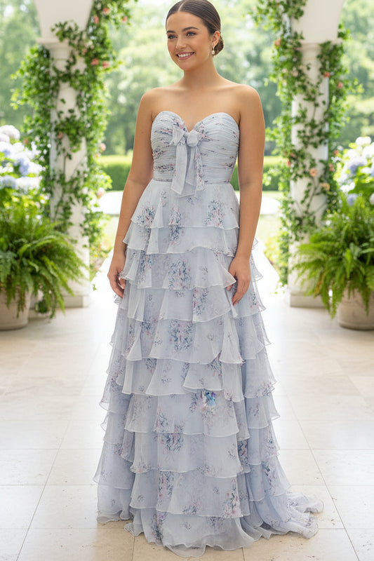 A Line Sweetheart Floral Chiffon Tiered Prom Dress with Slit