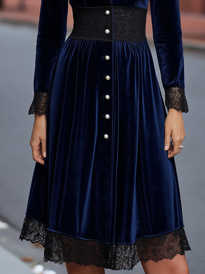 Velvet Lace-Trim Button-Front Midi Dress
