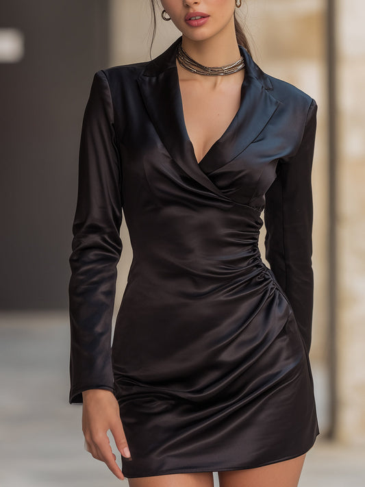 VOS LEE Ruched Satin Blazer Dress In Jet Black