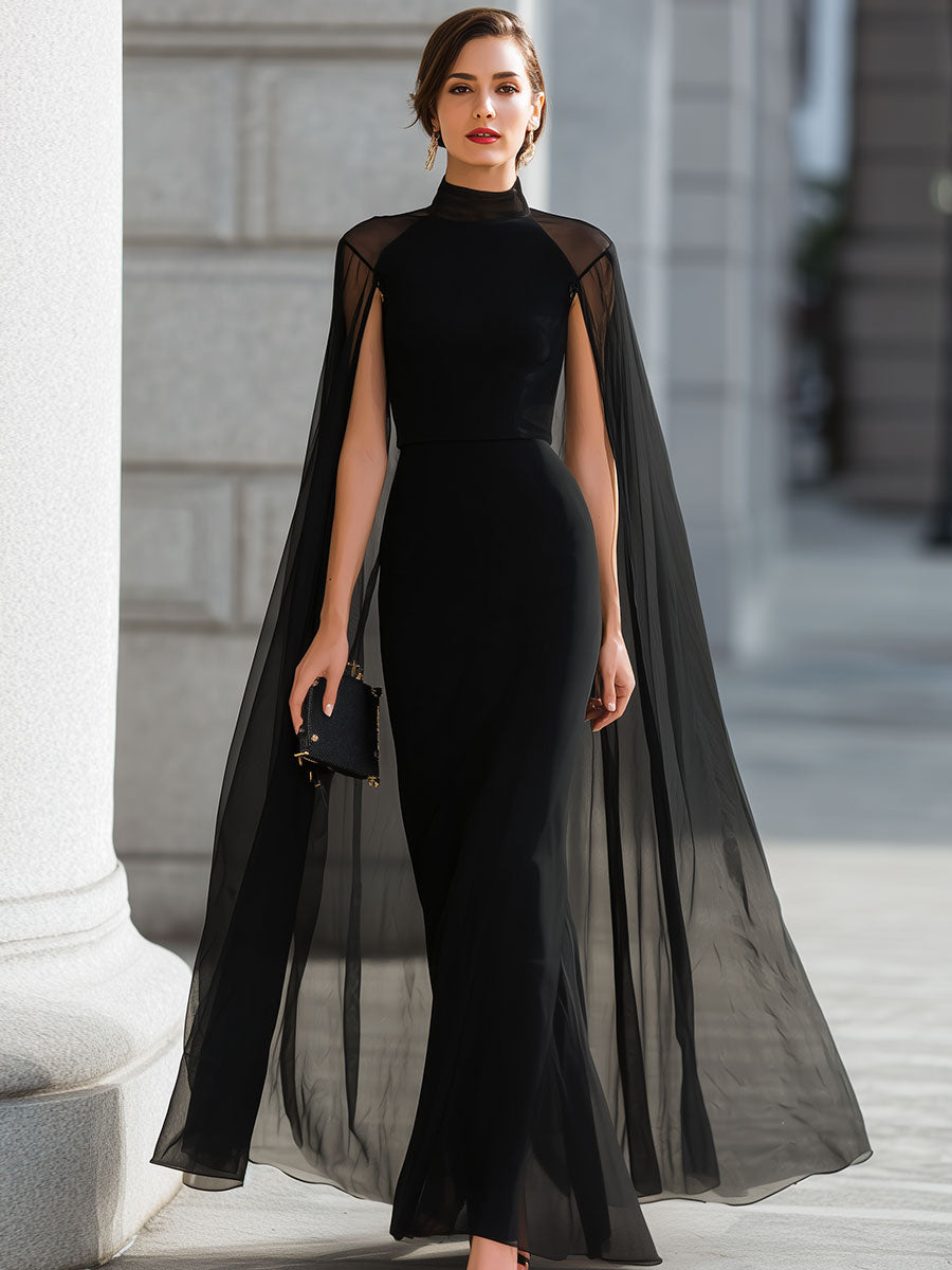 Mooyius High Neck Sheer Capelet Mermaid Gown