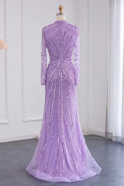 Violet High Neck Mermaid Evening Dress Tulle Long Sleeves With Sparkle Appliques