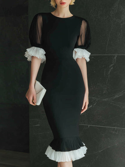 Black Midi Dress With Sheer Puff Sleeves And Pleated Trim