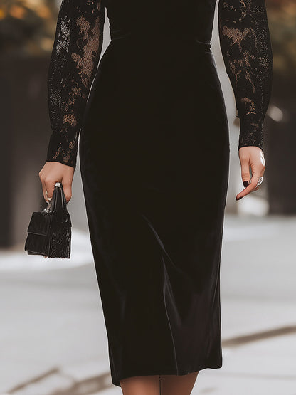 Black Velvet And Lace Midi Dress