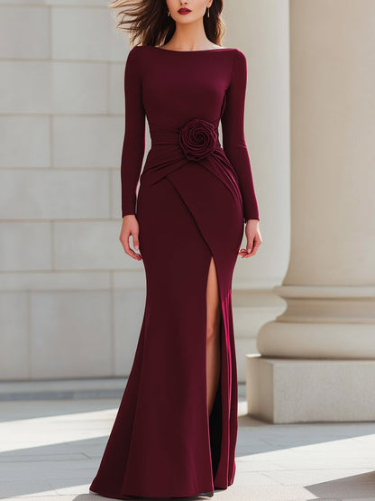 Burgundy Long-Sleeve Evening Gown With Rose Detail