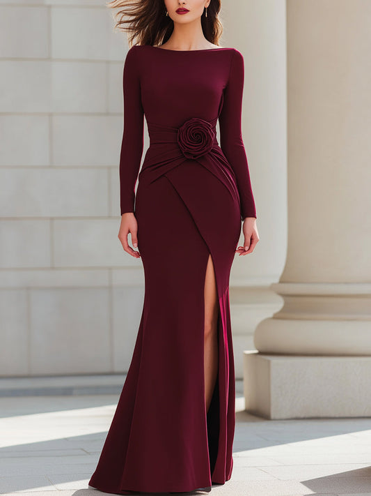Burgundy Long-Sleeve Evening Gown With Rose Detail