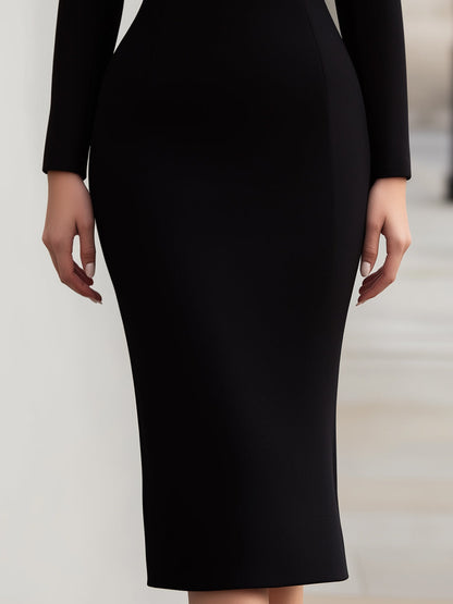 Long Sleeve Contrast Neckline Midi Dress