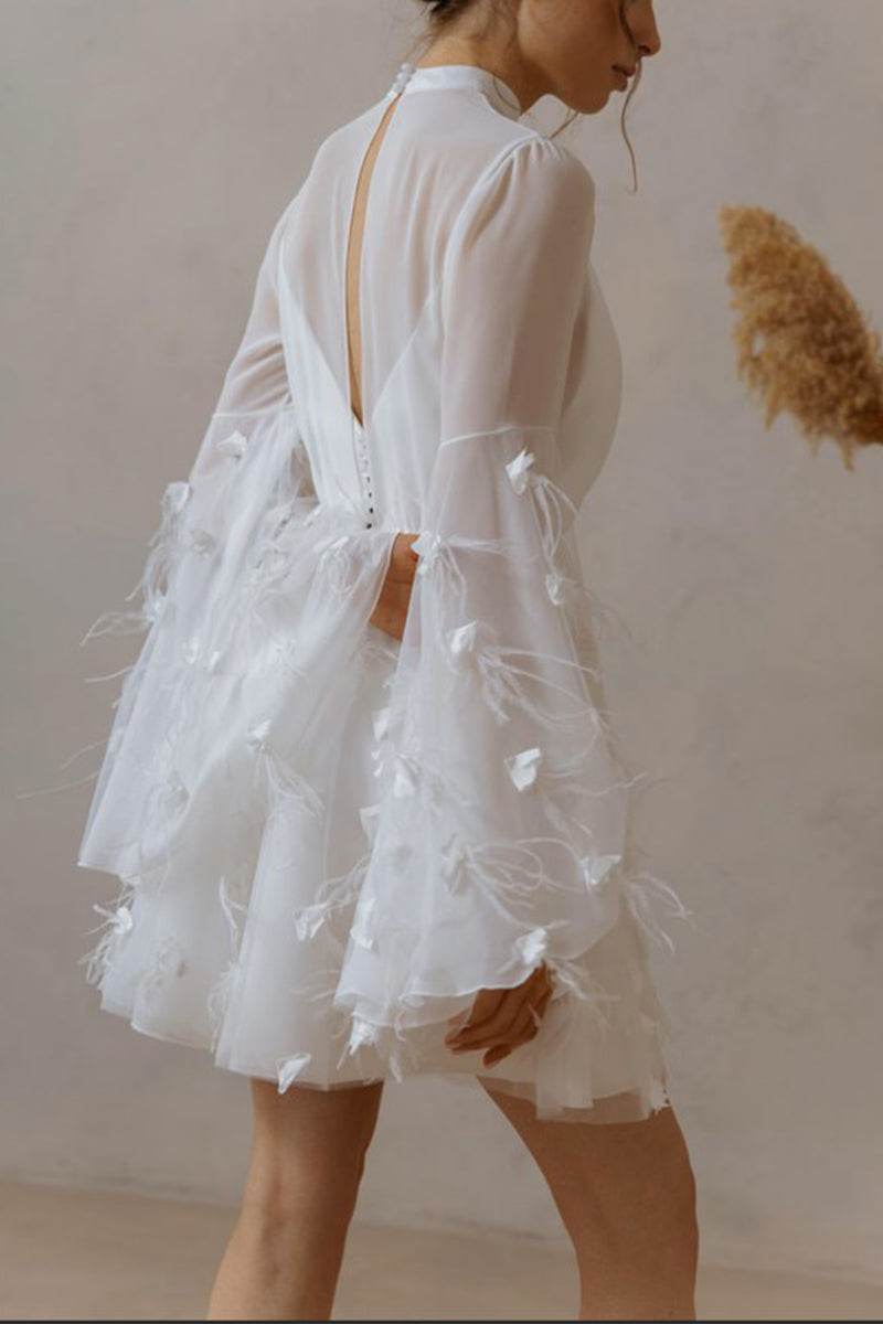 Exquisite White Mesh Mini Dress with 3D Floral Appliqué & Flared Sleeves