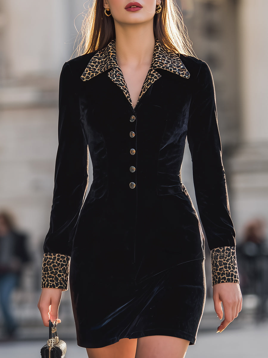 Glamorous Black Velvet Mini Dress With Leopard Accents