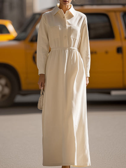 Elegant Collared Long - Sleeve Maxi Shirt Dress