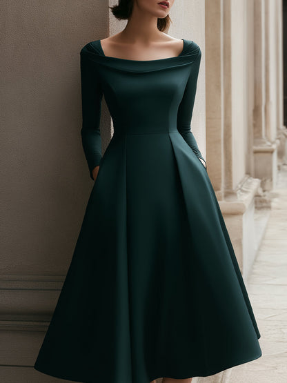 Off-Shoulder Pleated Forest Green Midi Dress