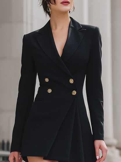 Elegant Black Double-Breasted Blazer Dress With Asymmetric Hem