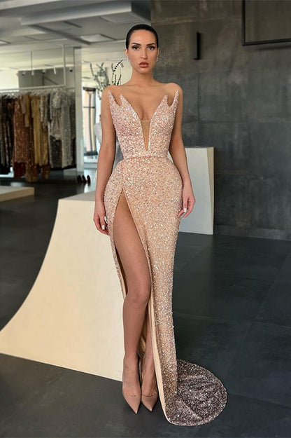 Sleeveless Strapless Evening Dress Sequins Mermaid With Split
