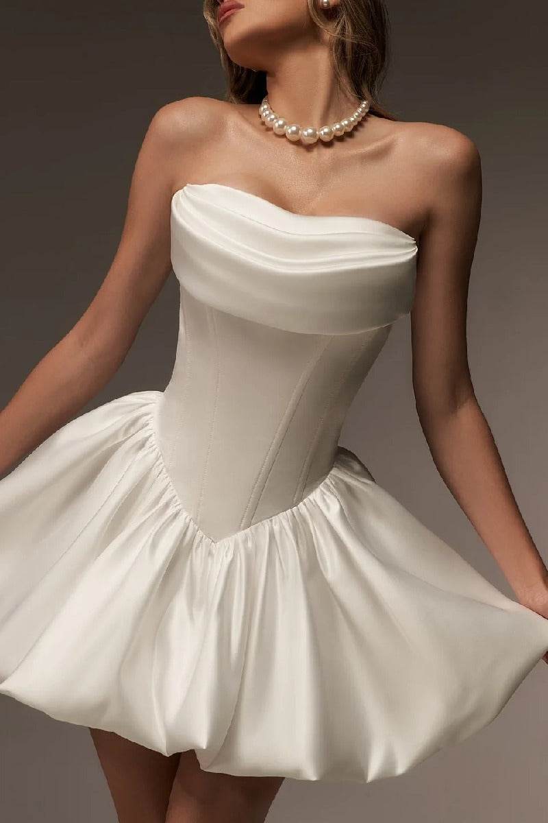 Strapless Corset Satin Mini Dress with Bubble Skirt | White & Black Party Dress
