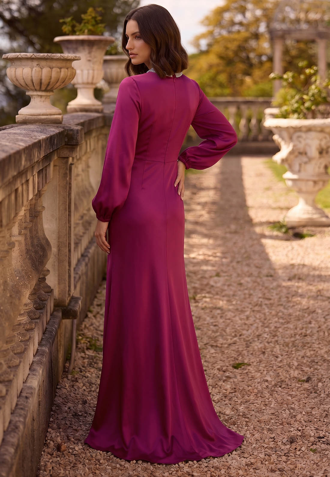 Long Sleeves Scoop Ruched A-Line Mother of the Bride Dress