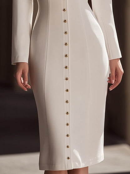 Elegant Button-Up Tailored Lapel Midi Dress