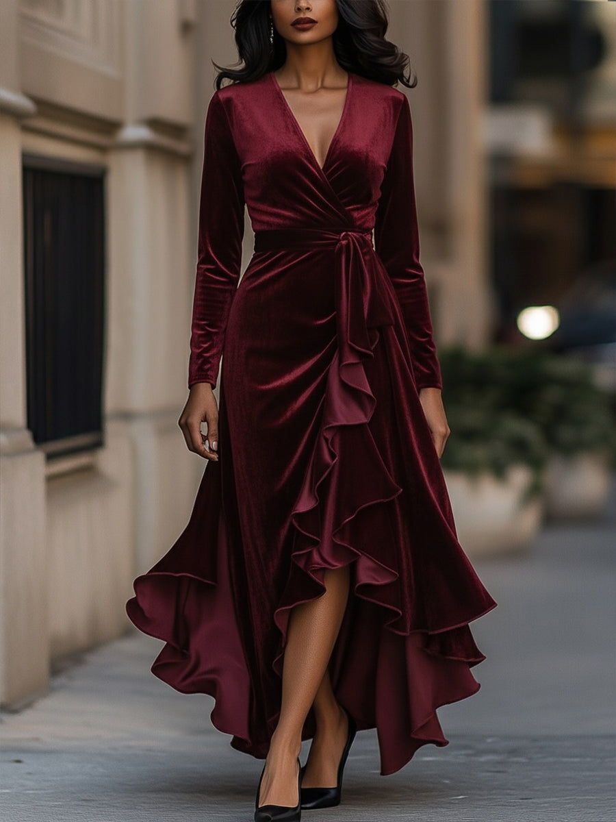 VOS LEE Burgundy Velvet Wrap Gown With Cascading Ruffle Hem