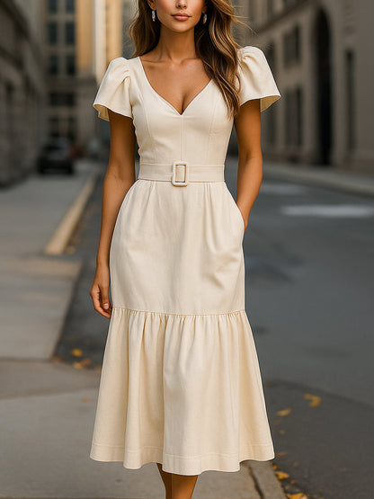 Cream Puff Sleeve Midi Dress With Belt And Tiered Hem Wedding Guest Dresses