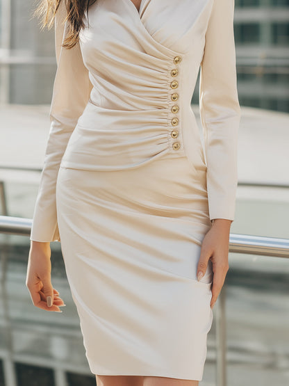 Sophisticated Satin Ruched Button-Detail Dress