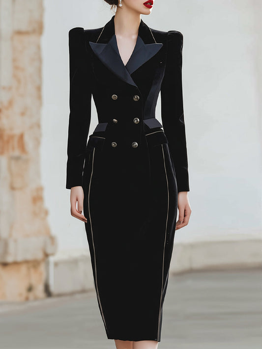 VOS LEE Velvet Double-Breasted Midi Dress In Noir Black