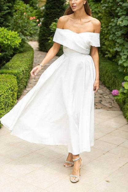 Chic Off-the-Shoulder White Midi Dress Engagement & Garden Weddings