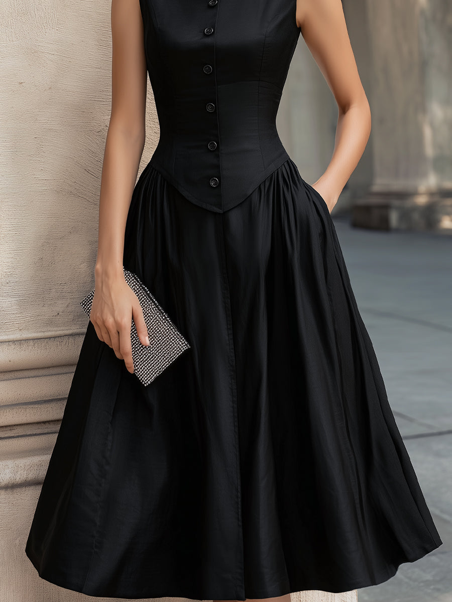 Sleeveless Buttoned Waist-Defined Midi Dress