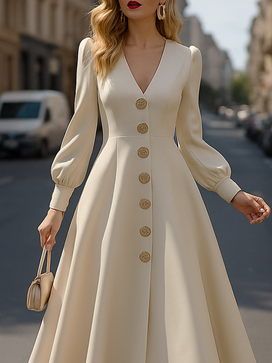 Elegant V-Neck Long Sleeve A-Line Midi Dress