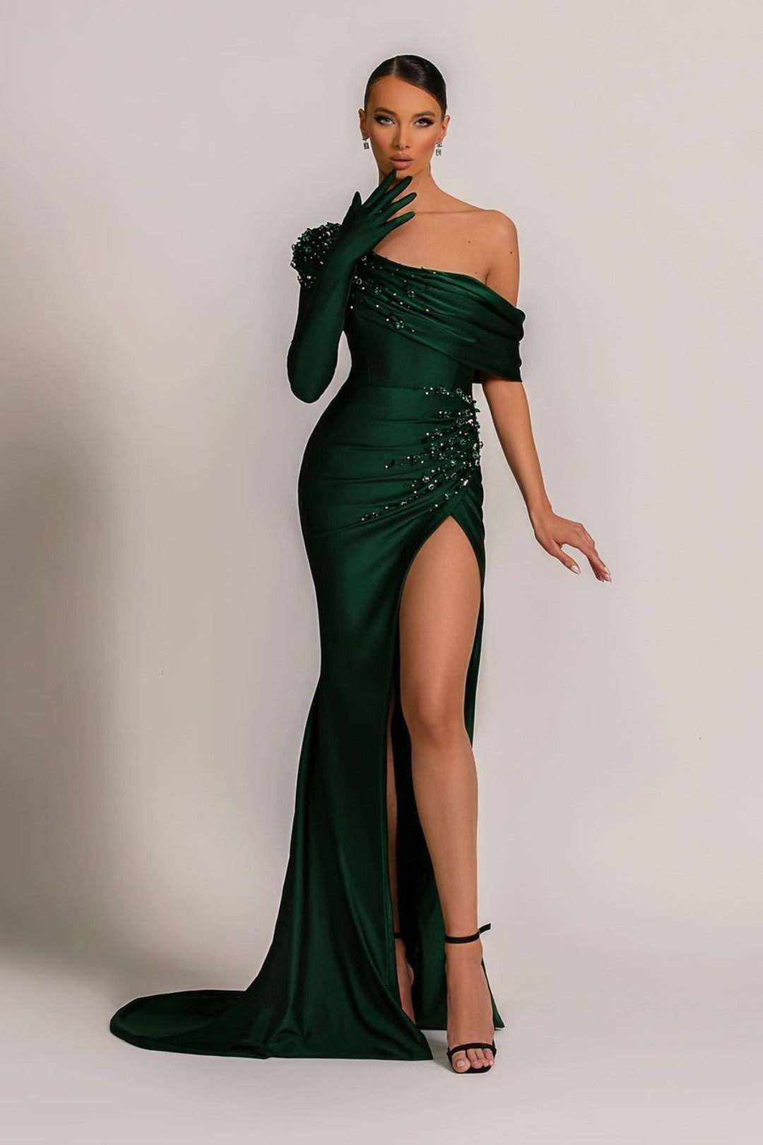 Emerald Green Evening Dress One Shoulder With Pearl Split Pleated