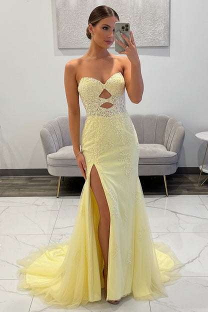 Chamring Mermaid Sweetheart Keyhole Daffodil Lace Prom Dress with Slit