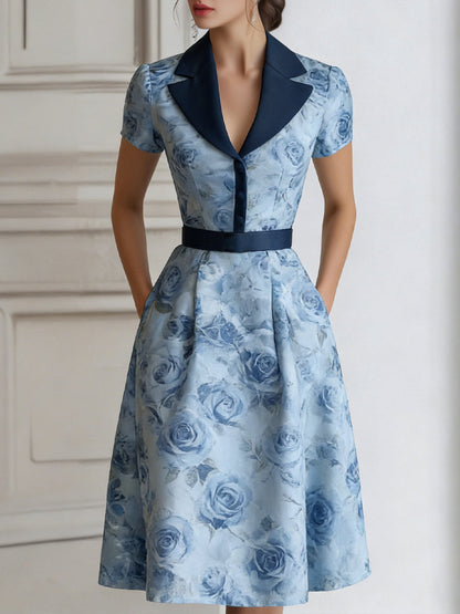 Floral Lapel Short Sleeve Midi Dress With Tailored Waist