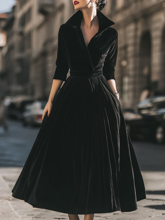 Elegant Velvet Pleated Midi Coat Dress
