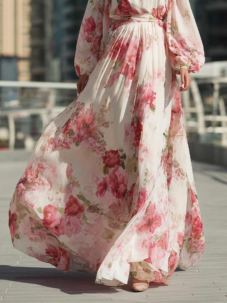 Elegant Floral Chiffon Maxi Gown