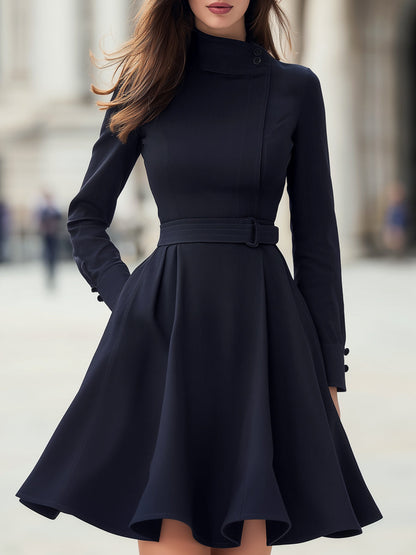 High-Neck Belted A-Line Long-Sleeve Dress
