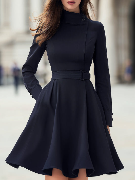 High-Neck Belted A-Line Long-Sleeve Dress