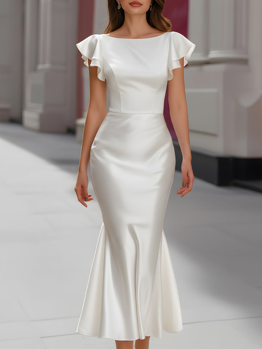 Satin Flutter-Sleeve Mermaid Dress