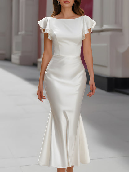 Satin Flutter-Sleeve Mermaid Dress